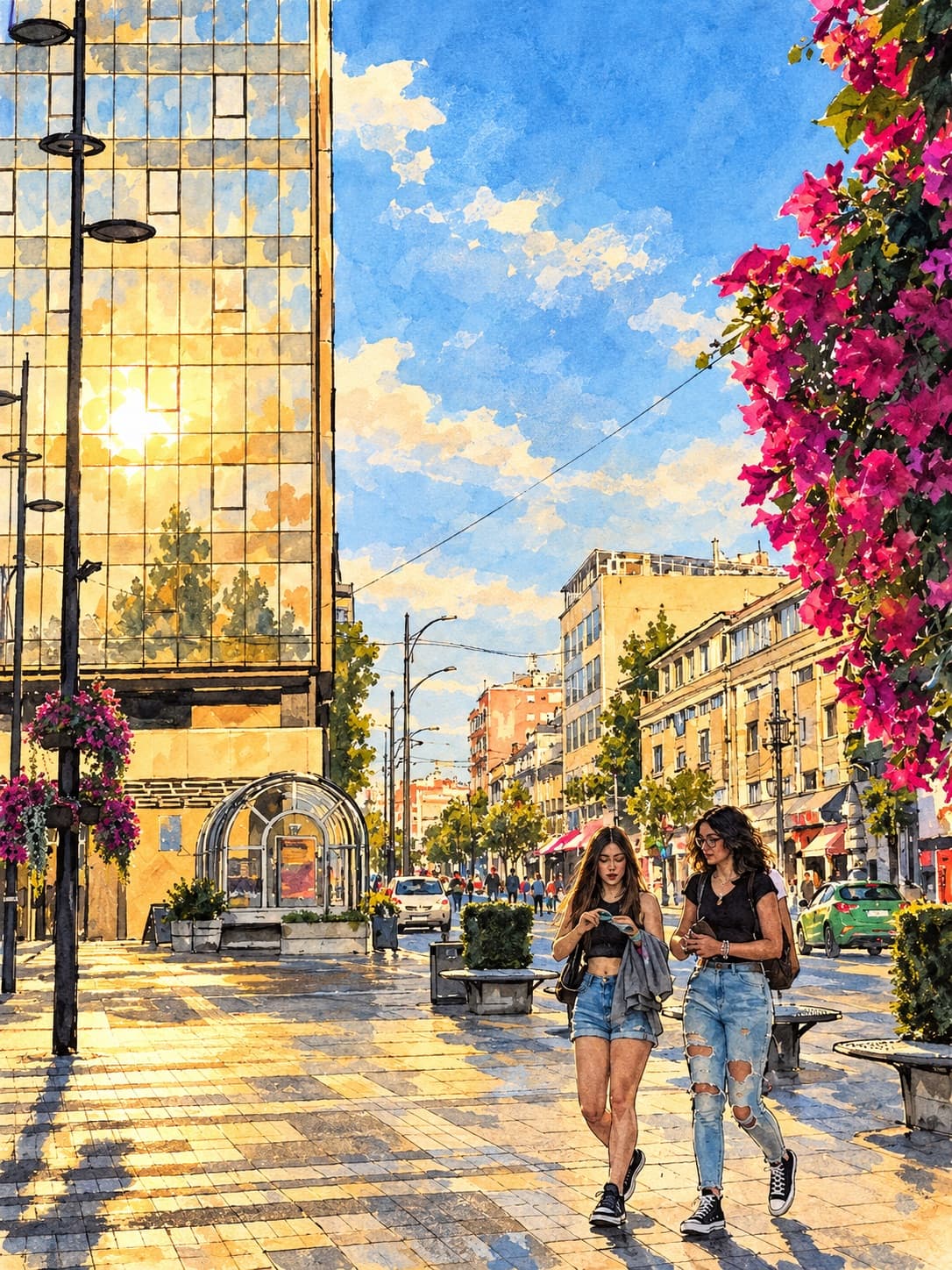 Ilustracija akvarelom: sunčan gradski trg sa staklenom zgradom, bugenvilijom i dve devojke u šetnji