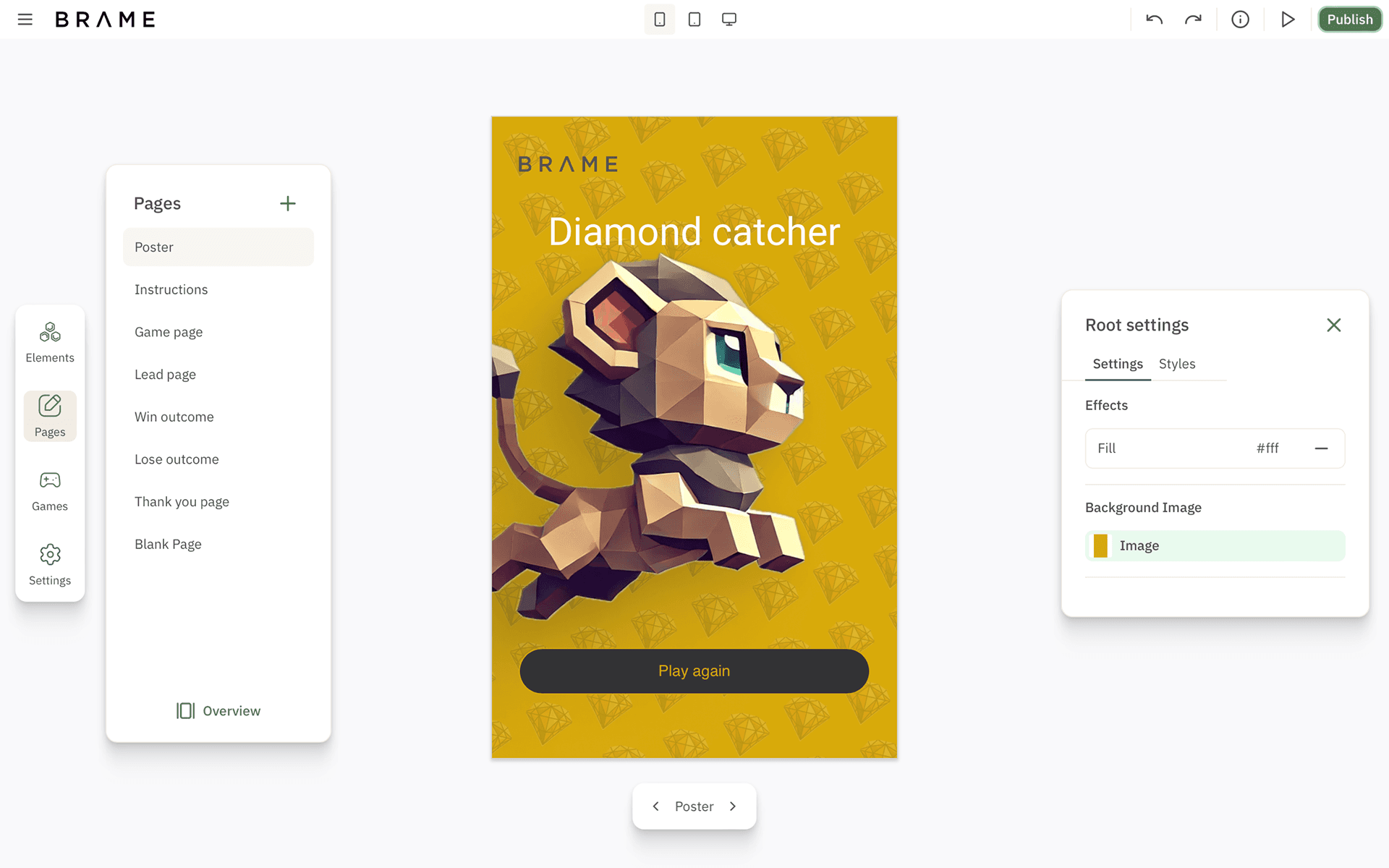 Brame Studio — Pages panel and root settings