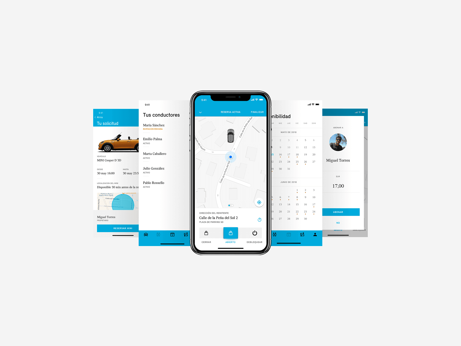 MINI Sharing — App mockup screens